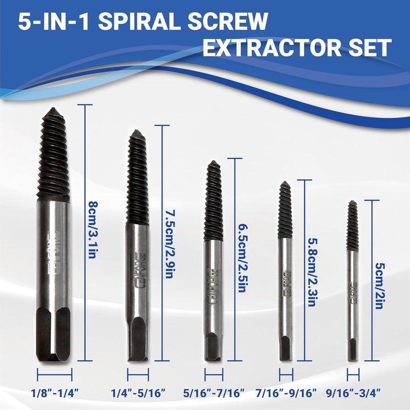 CENFORGE Store 5-Piece Spiral Screw Extractor Set, Damaged Screw Extractor, Stripped Screw Extractor, Easy Out Screw Extractor Set, Bolt Extractor Kit, Spiral flutes, Studs, 1/8" to 3/4" diameter，14108 - Image 2